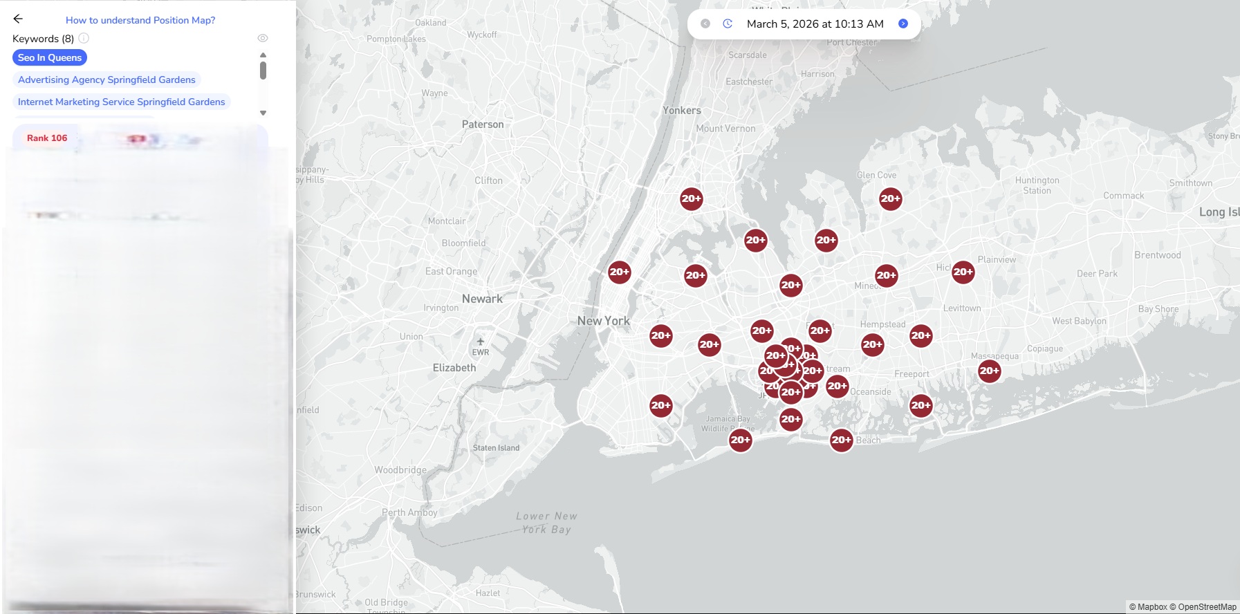 Marketing Agency before — Rank 106, 0% visibility, all red