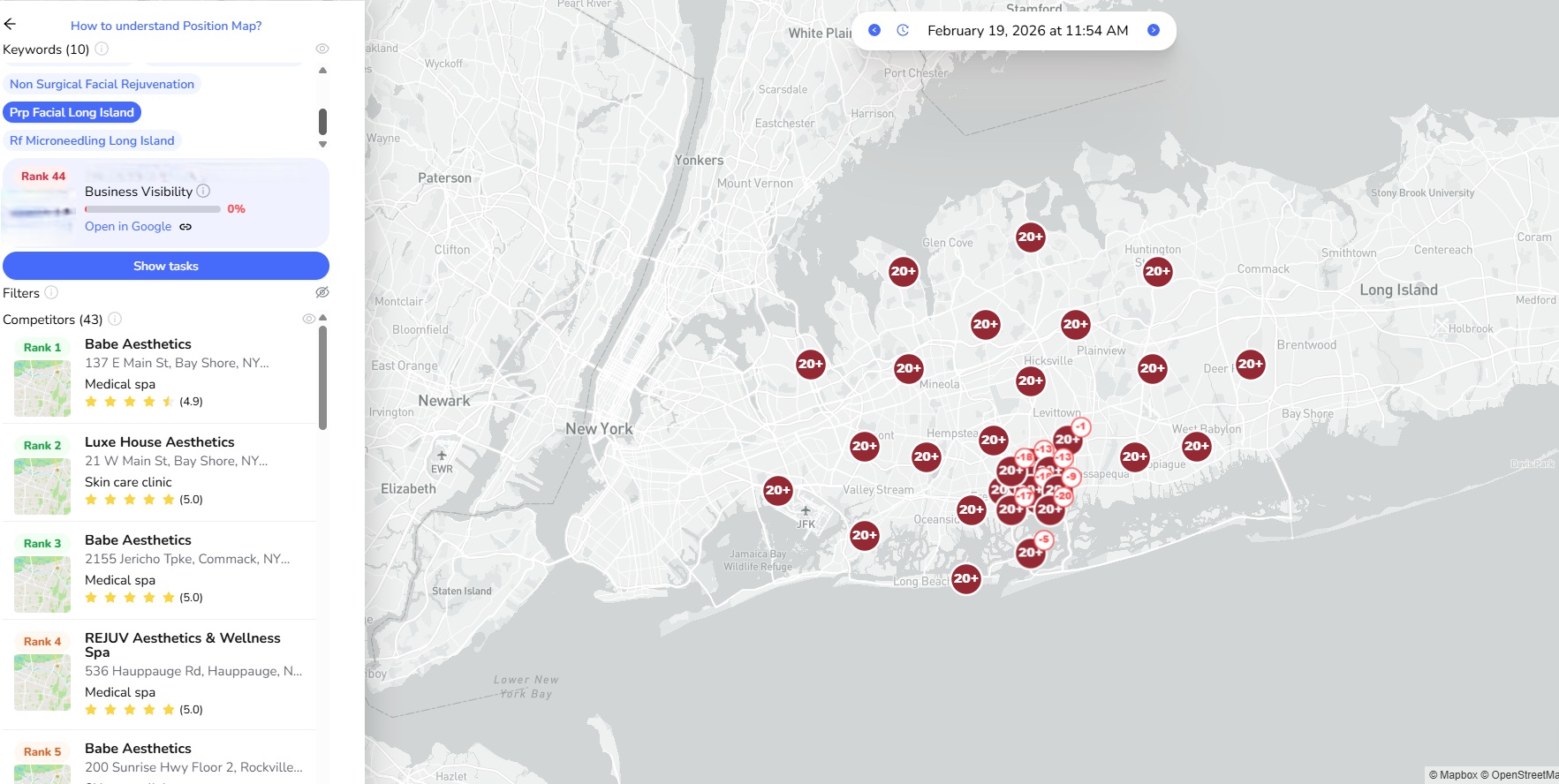 Medical Spa before — Rank 44, 0% visibility, all red
